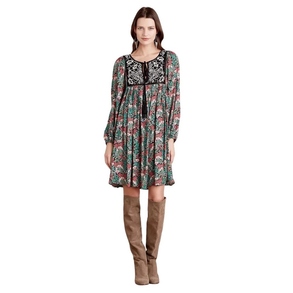 Floreat Anthropologie Ottava Peasant Embroidered Swing Dress Small Babydoll